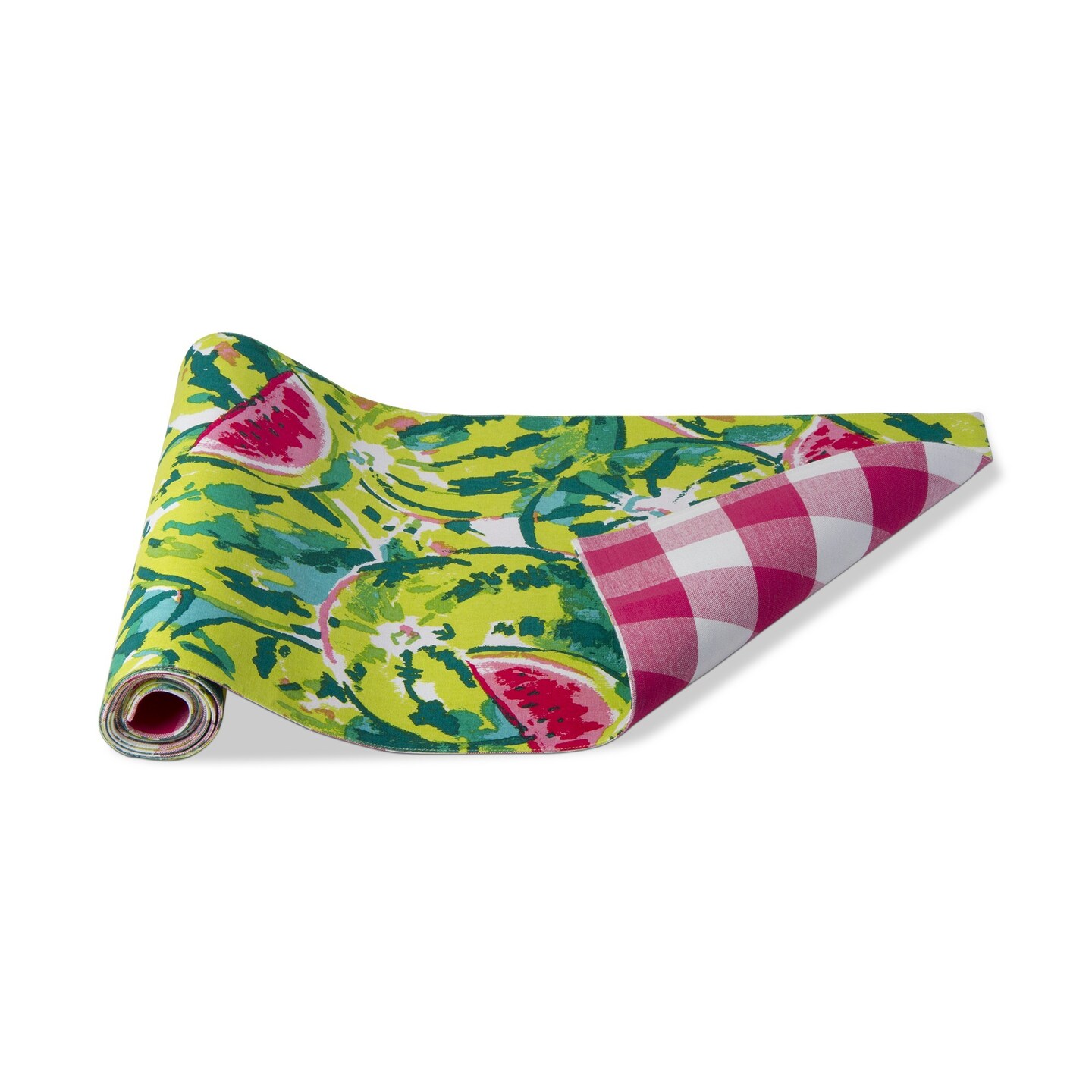 14.5&#x22; x 72&#x22; Dolce Vita Watermelon Table Runner Hand Screen Printed Reversible Cotton With Woven Check Baking Table Home Decor