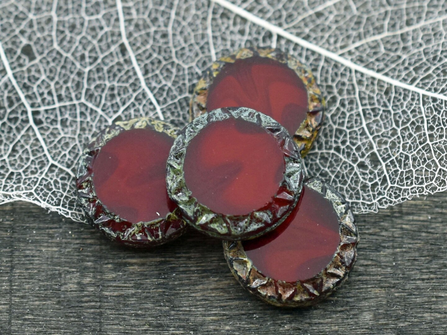 *6* 12mm Red Opaline Picasso Mayan Sun Coin Beads