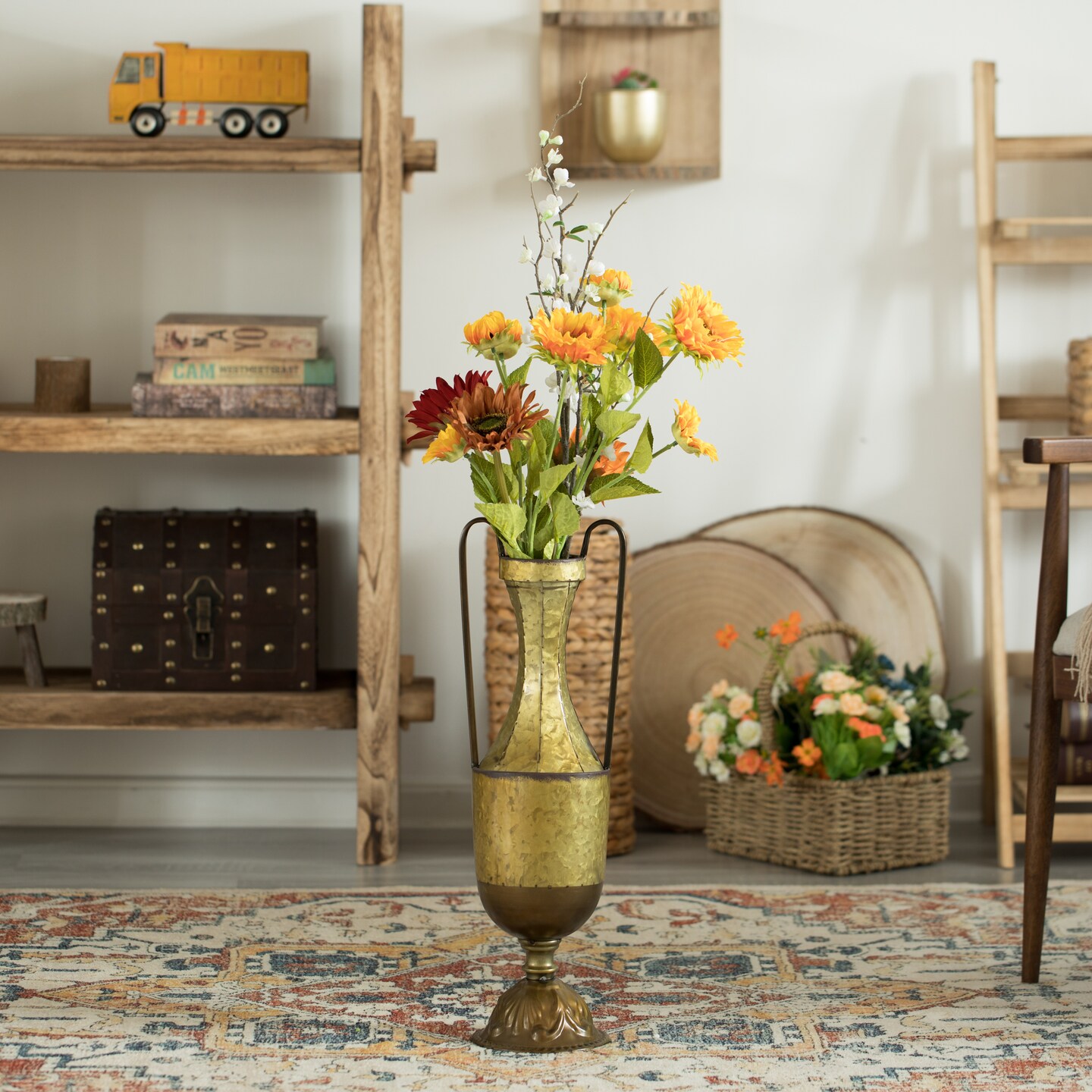 Decorative Antique Style Metal Jug Floor Vase with 2 Handles - Vintage Inspired Rustic Design for Entryway, Living Room, or Dining Room - Tall Elegant Home Decor Accent - Classic Metal Vase