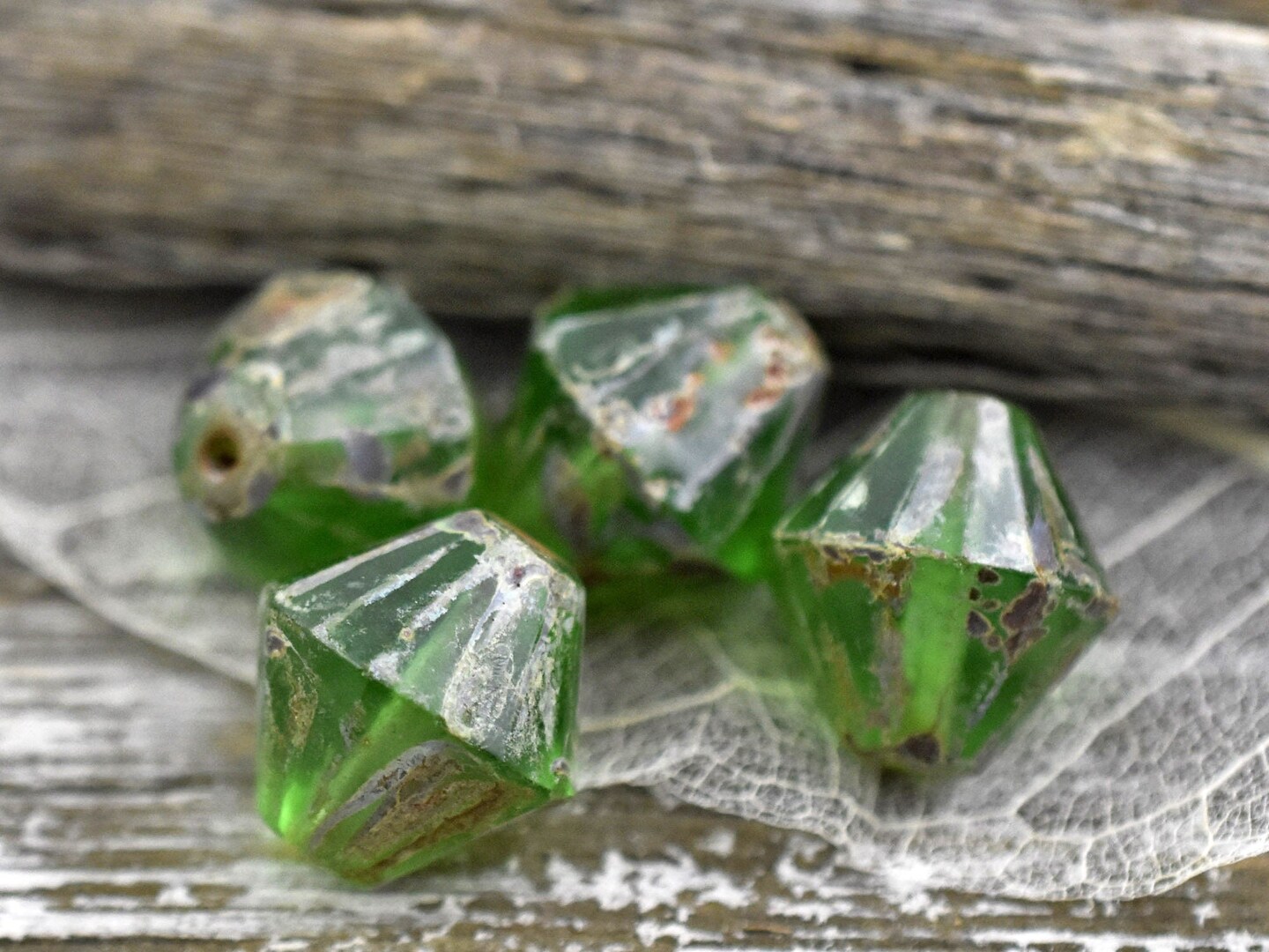 *6* 15mm Emerald Green Travertine Faceted Bicone Beads
