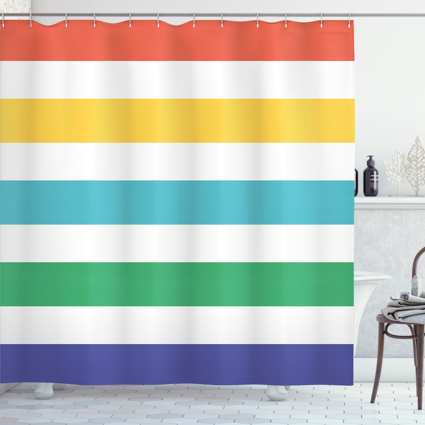 Ambesonne Striped Shower Curtain, Rainbow Colored and White Fun