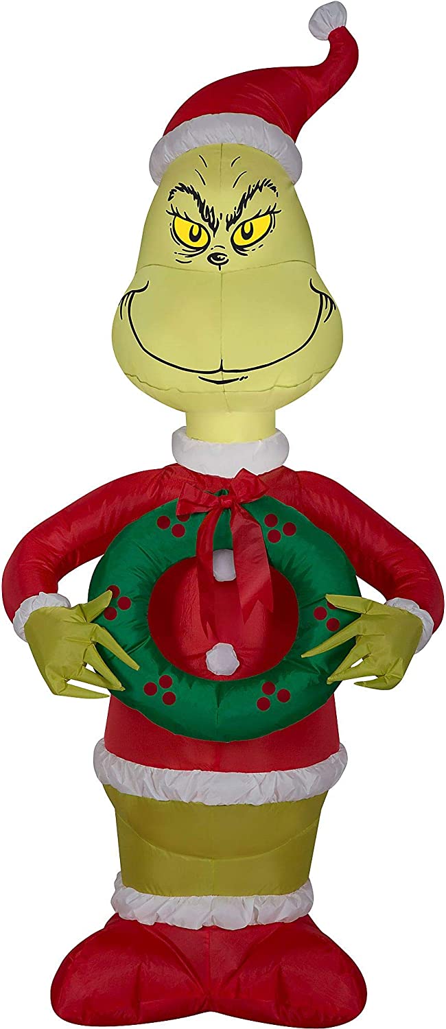 4&#x27; Gemmy Airblown Inflatable Grinch Dressed As Santa Holding A Christmas Wreath 111088