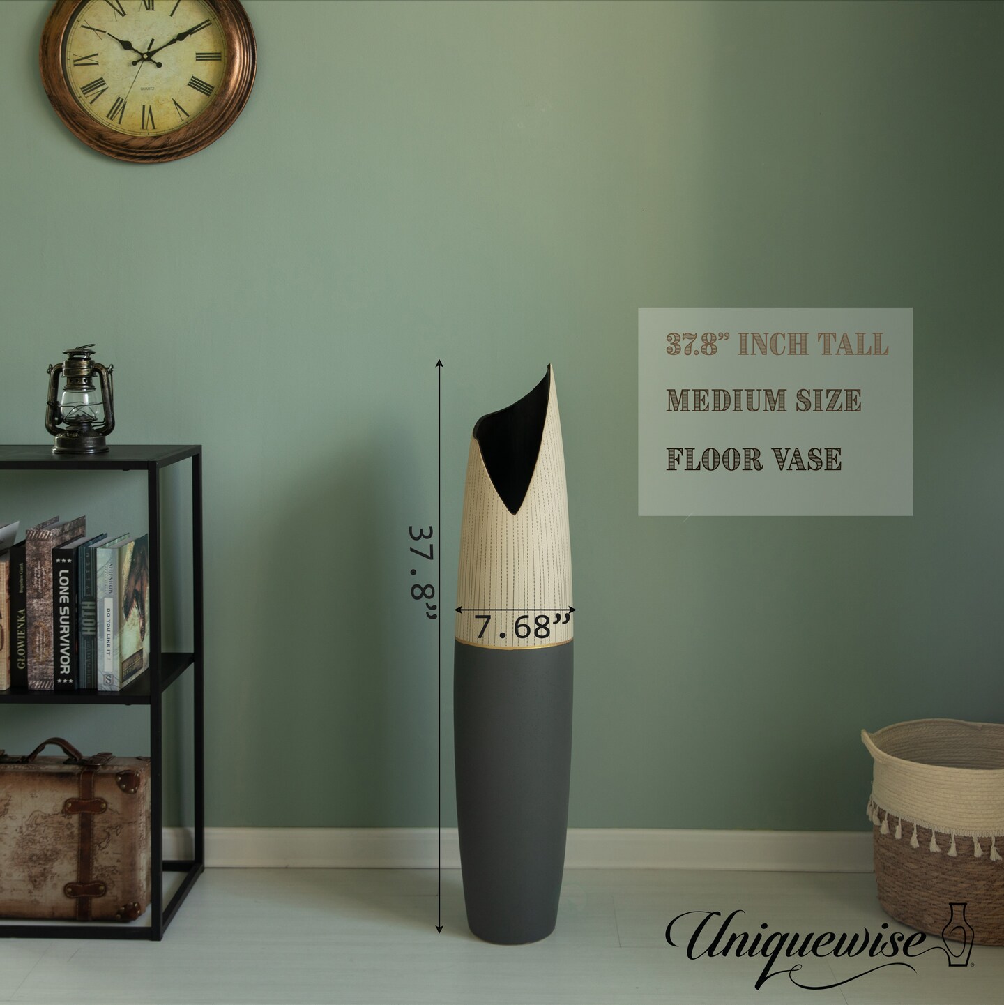 Freestanding Ceramic Floor Vase - Handcrafted Beige Polka Dot Striped Top and Black Bottom, Large Waterproof Vase for Tall Floral Arrangements, Unique Shaped Flower Holder