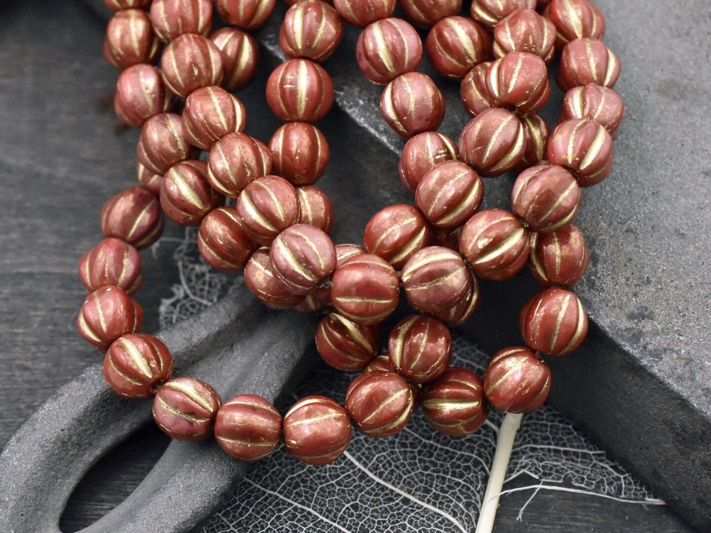 *25* 6mm Gold Washed Opaque Brick Red Round Melon Beads