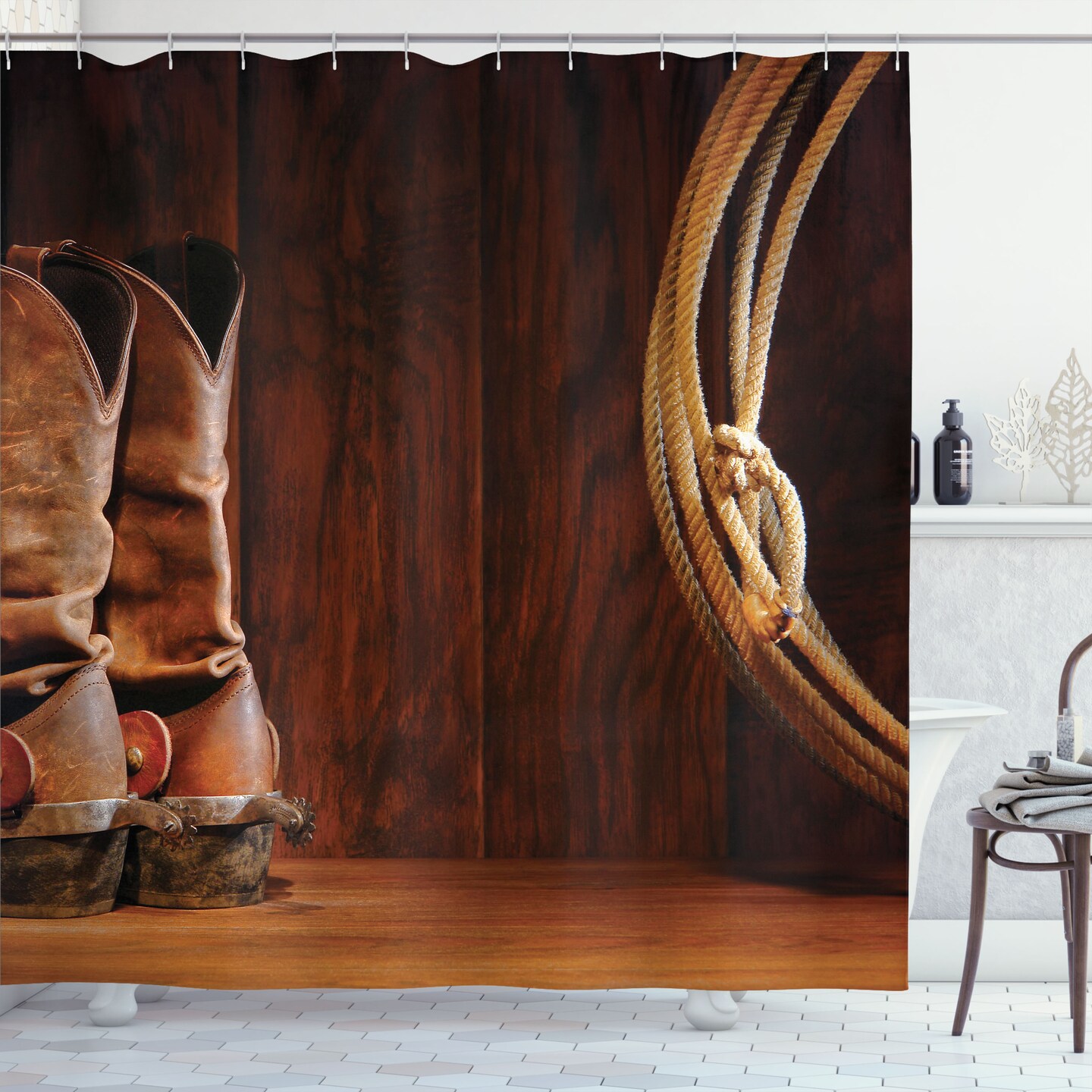 Ambesonne Western Shower Curtain, American Style Cowboy Wild West Culture Sports Team Roping Barn Print, Cloth Fabric Bathroom Decor Set with Hooks, 69" W x 70" L, Umber Brown