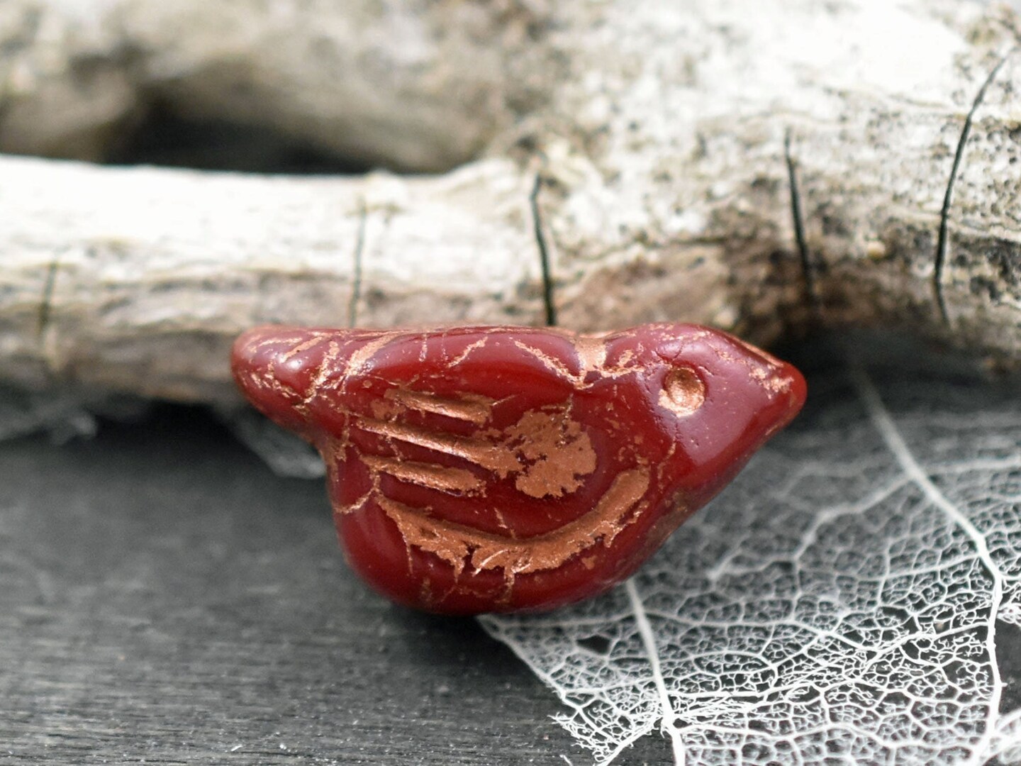*6* 11x22mm Copper Washed Ruby Red Bird Beads