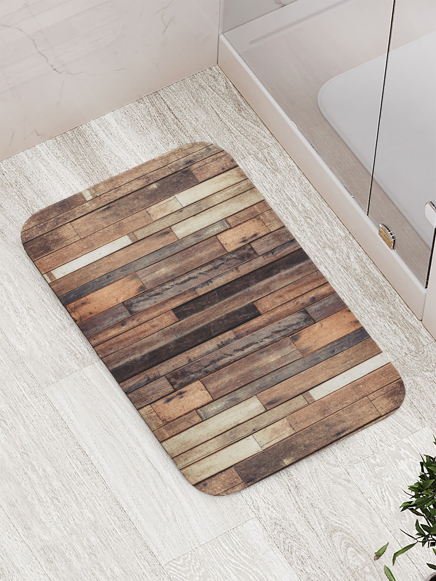 Ambesonne Wooden Print Bath Mat, Brown Old Hardwood Floor Plank Grunge Lodge Garage Loft Rural Natural Graphic, Plush Bathroom Decor Mat with Non Slip Backing, 29.5" X 17.5", Brown Beige