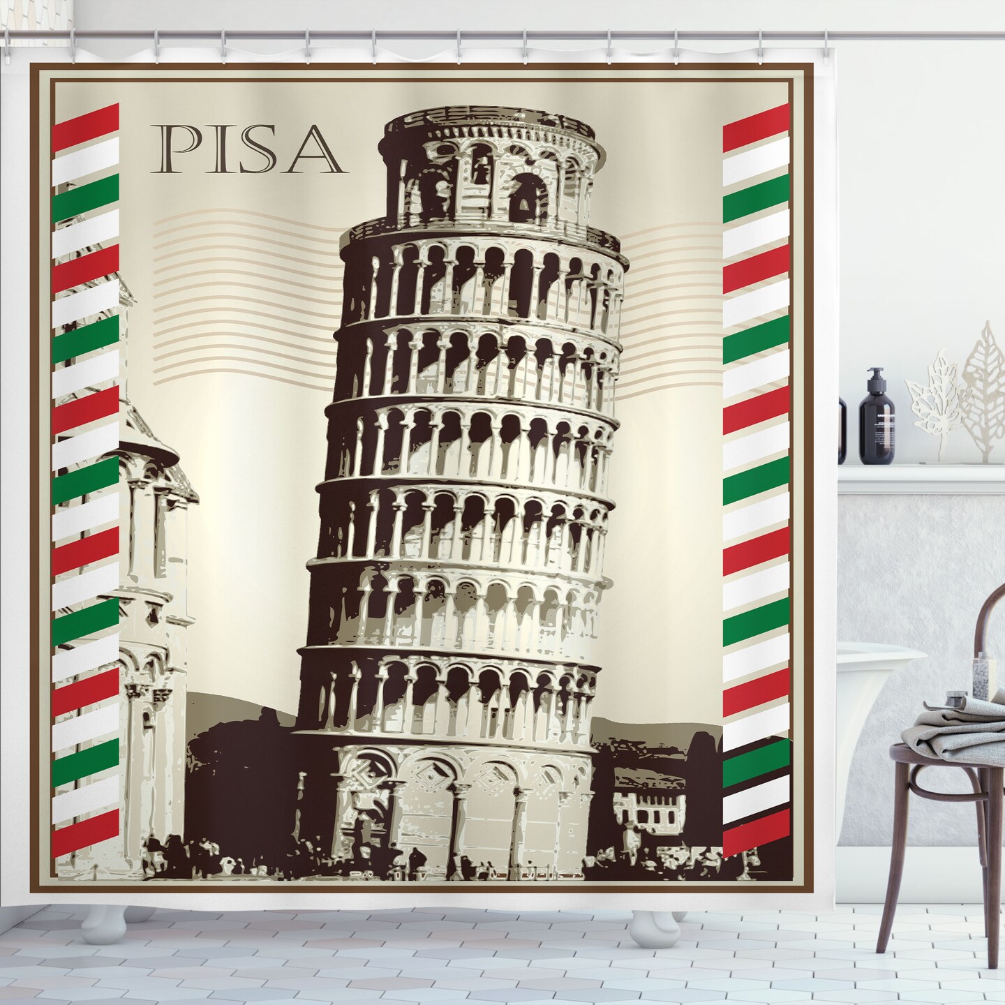 Ambesonne Pisa Shower Curtain, Vintage Style Illustration of Italian Landmark with Lines in Country Flag Colors, Cloth Fabric Bathroom Decor Set with Hooks, 69&#x22; W x 70&#x22; L, Eggshell Brown