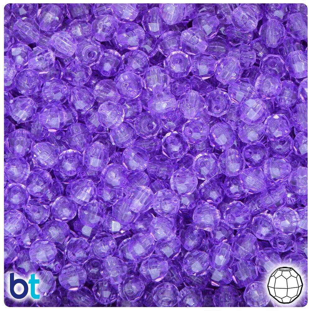 BeadTin Pale Amethyst Transparent 6mm Faceted Round Plastic Craft Beads