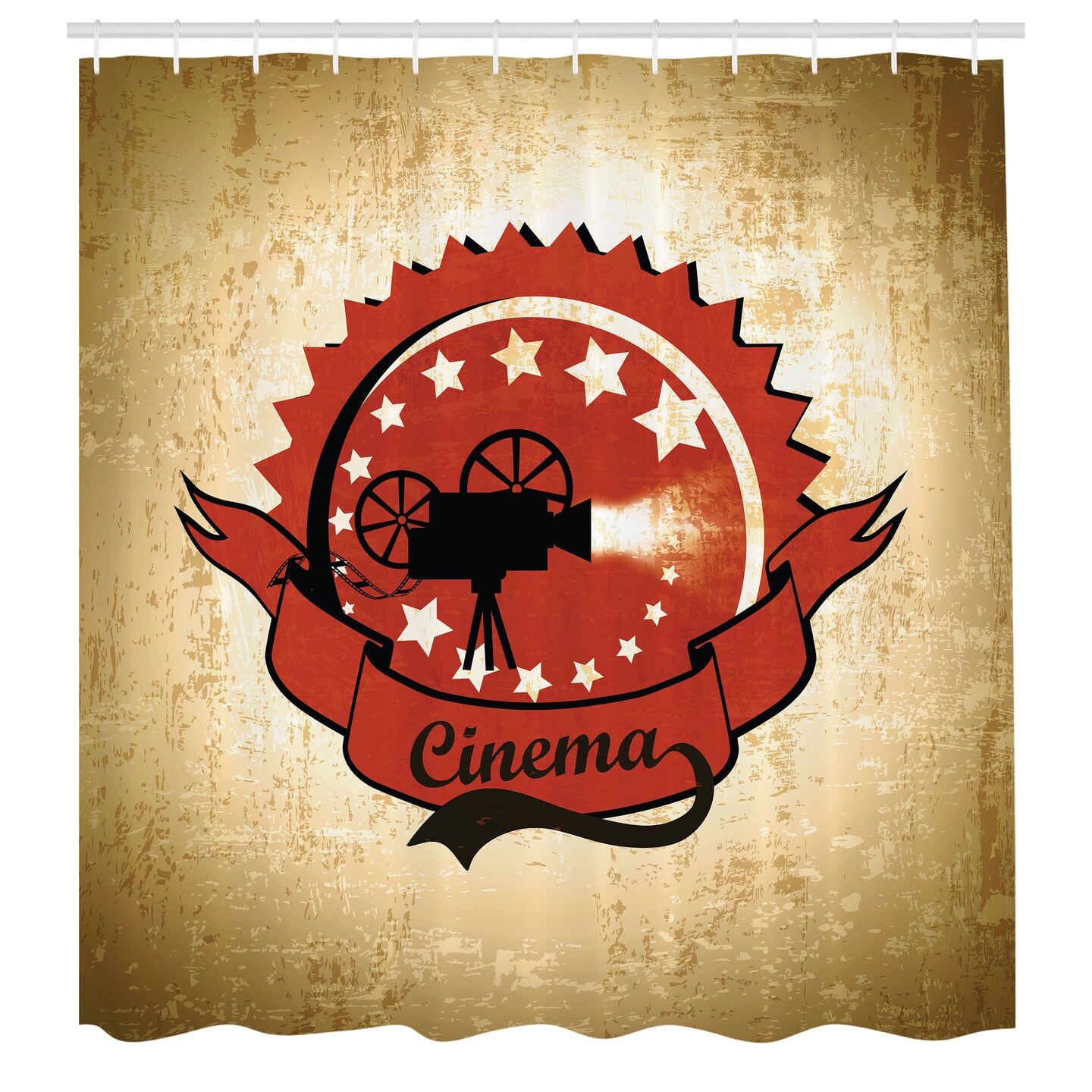 Ambesonne Movie Theater Shower Curtain, Old Movie Surrounded by Stars on Grungy Background, Cloth Fabric Bathroom Decor Set with Hooks, 69" W x 70" L, Pale Brown