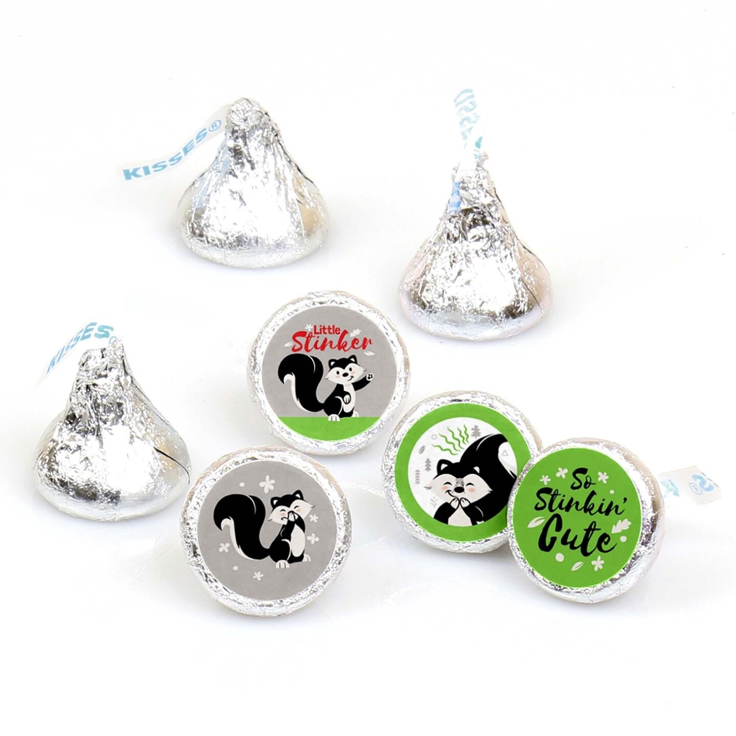 Big Dot of Happiness Little Stinker - Woodland Skunk Baby Shower or Birthday Round Candy Sticker Favors - Labels Fit Hershey&#x27;s Kisses (1 sheet of 108)