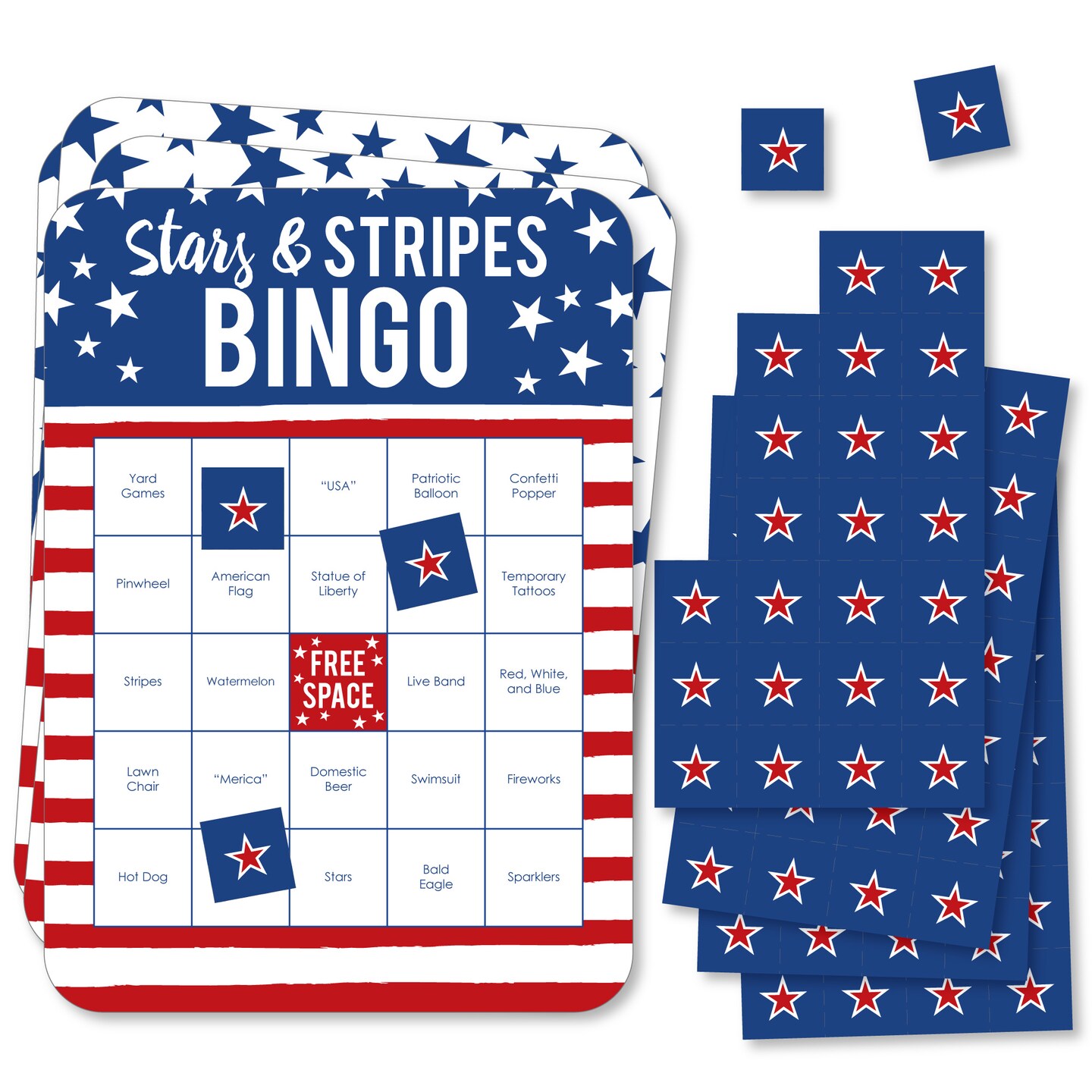 Big Dot of Happiness Stars &#x26; Stripes - Bar Bingo Cards and Markers - Patriotic Party Shaped Bingo Game - Set of 18