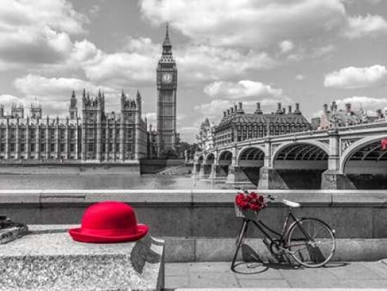 Red hat and bicycle on Thames promenade, London, UK Poster Print by  Assaf Frank - Item # VARPDXAF20150607315C01