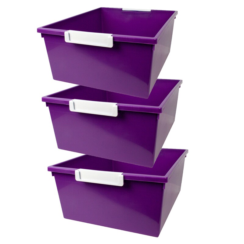 Tattle&#xAE; Tray with Label Holder, 12 QT, Purple, Pack of 3