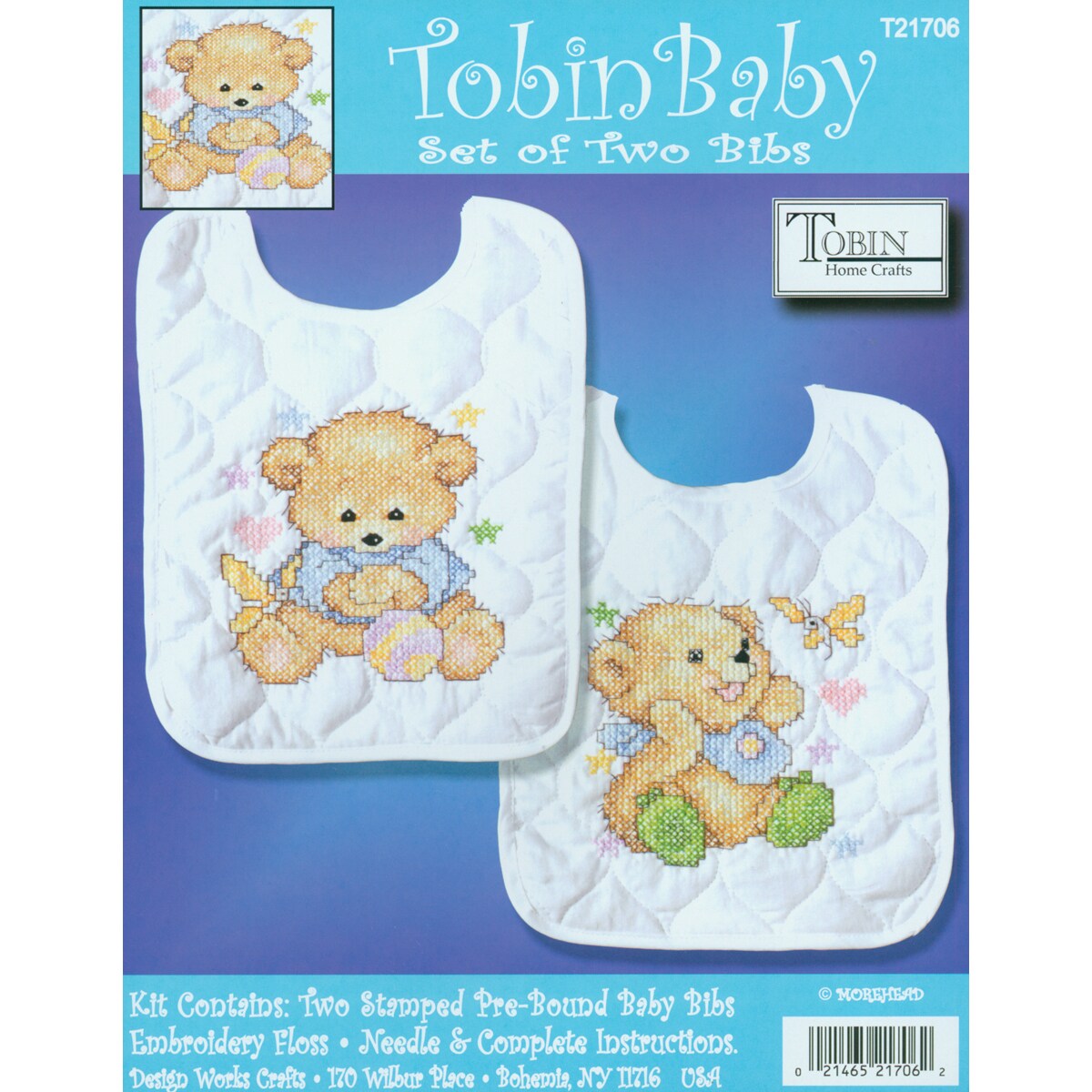 Tobin Stamped Cross Stitch Bib Pair Kit 8&#x22;X10&#x22; 2/Pkg-Baby Bears