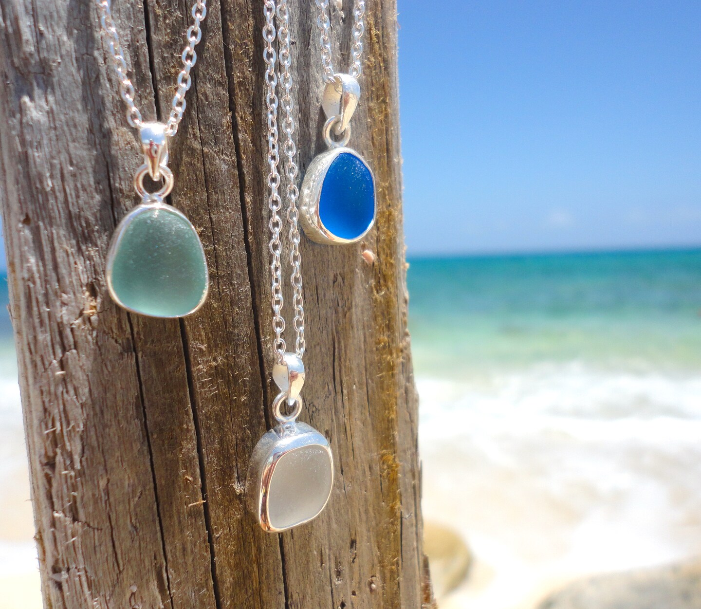 Sea glass necklace-11 2024 pieces of Cobalt blue, aqua blue and dark teal sea glass necklace