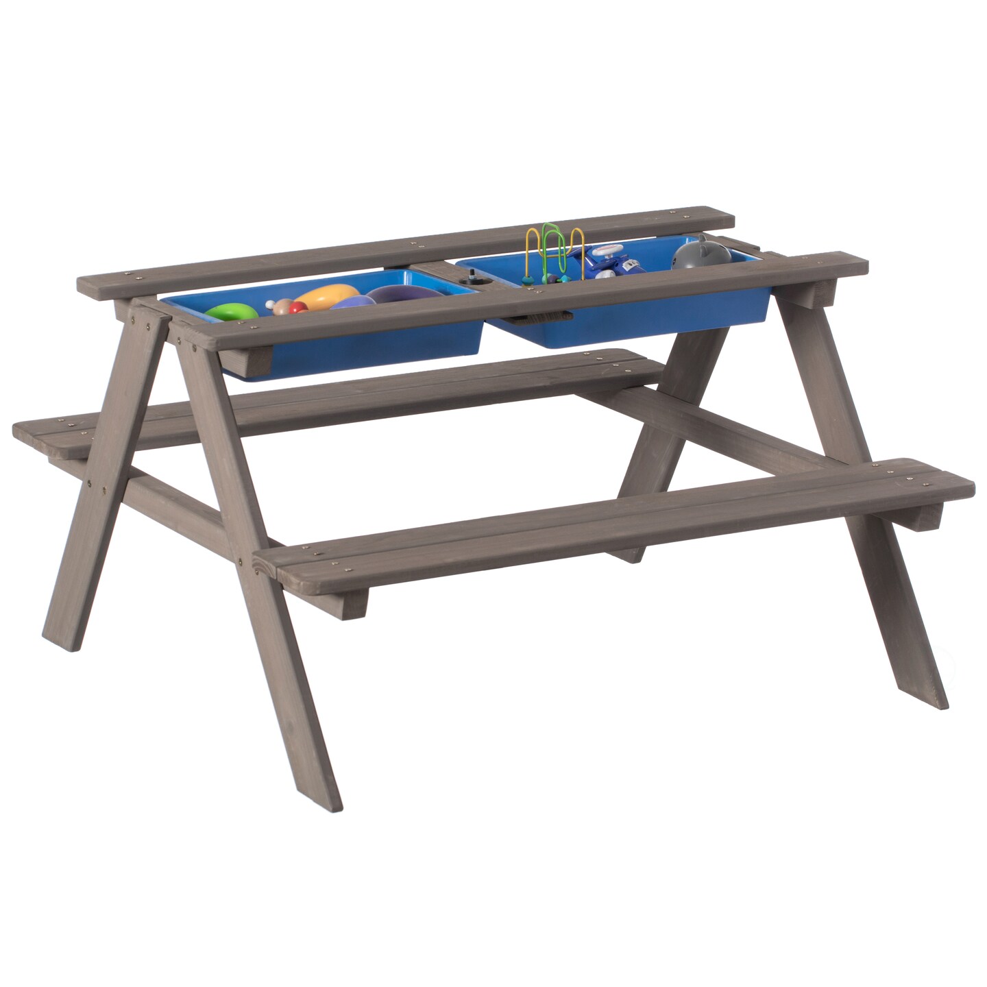 Kids Picnic Play Table, Sandbox Table with Umbrella Hole and 2 Play Boxes with Removable Top, Gray