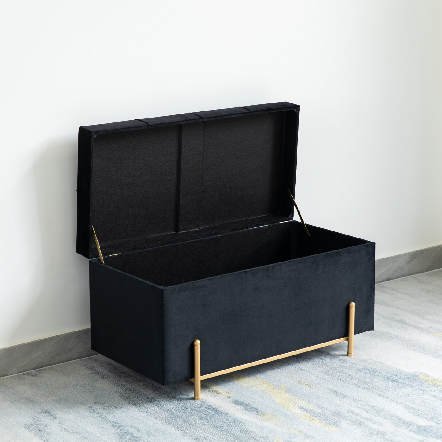 Large Rectangle Velvet Storage Ottoman Stool Box with Golden Legs | Decorative Sitting Bench for Living Room Home Decor with Cylindrical Golden Support