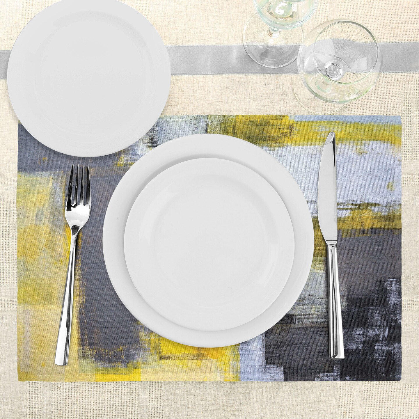 Ambesonne Yellow and Grey Place Mats Set of 4, Abstract Art Painting Design Modern Composition Brush Marks Pattern, Washable Fabric Placemats for Dining Table, Standard Size, Yellow Grey White