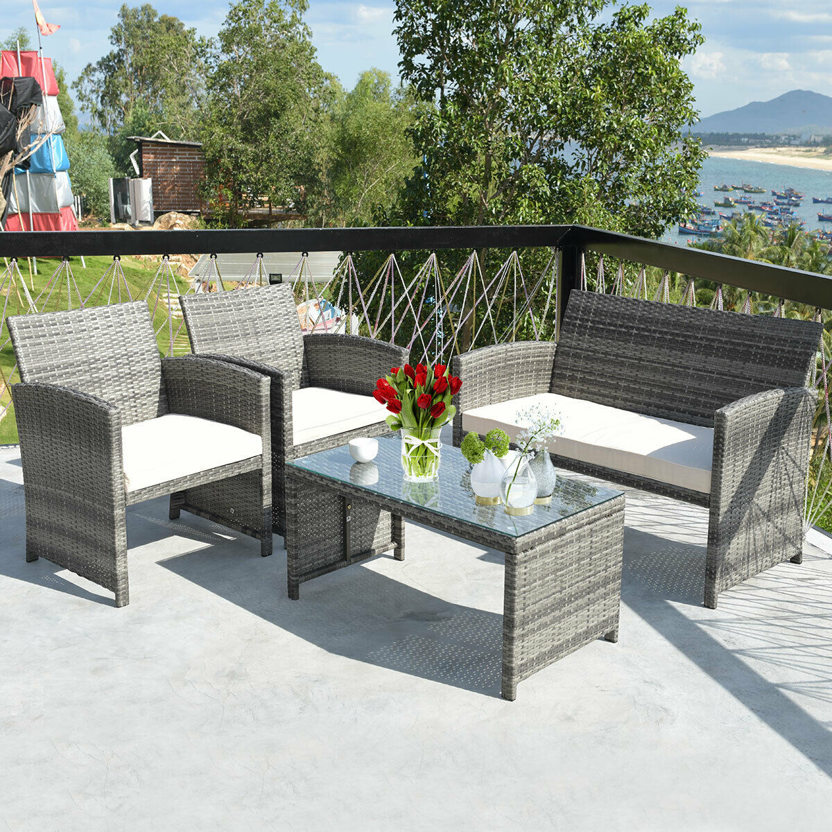 Costway 4 pcs outdoor patio rattan wicker furniture set table sofa cushioned deck black hotsell