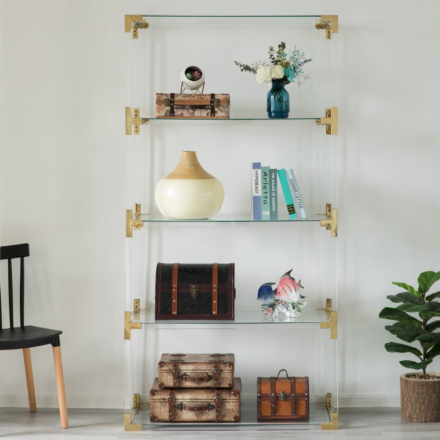 Acrylic Gold Metal Modern 4 Shelf Etagere Bookcase with Glass Shelves