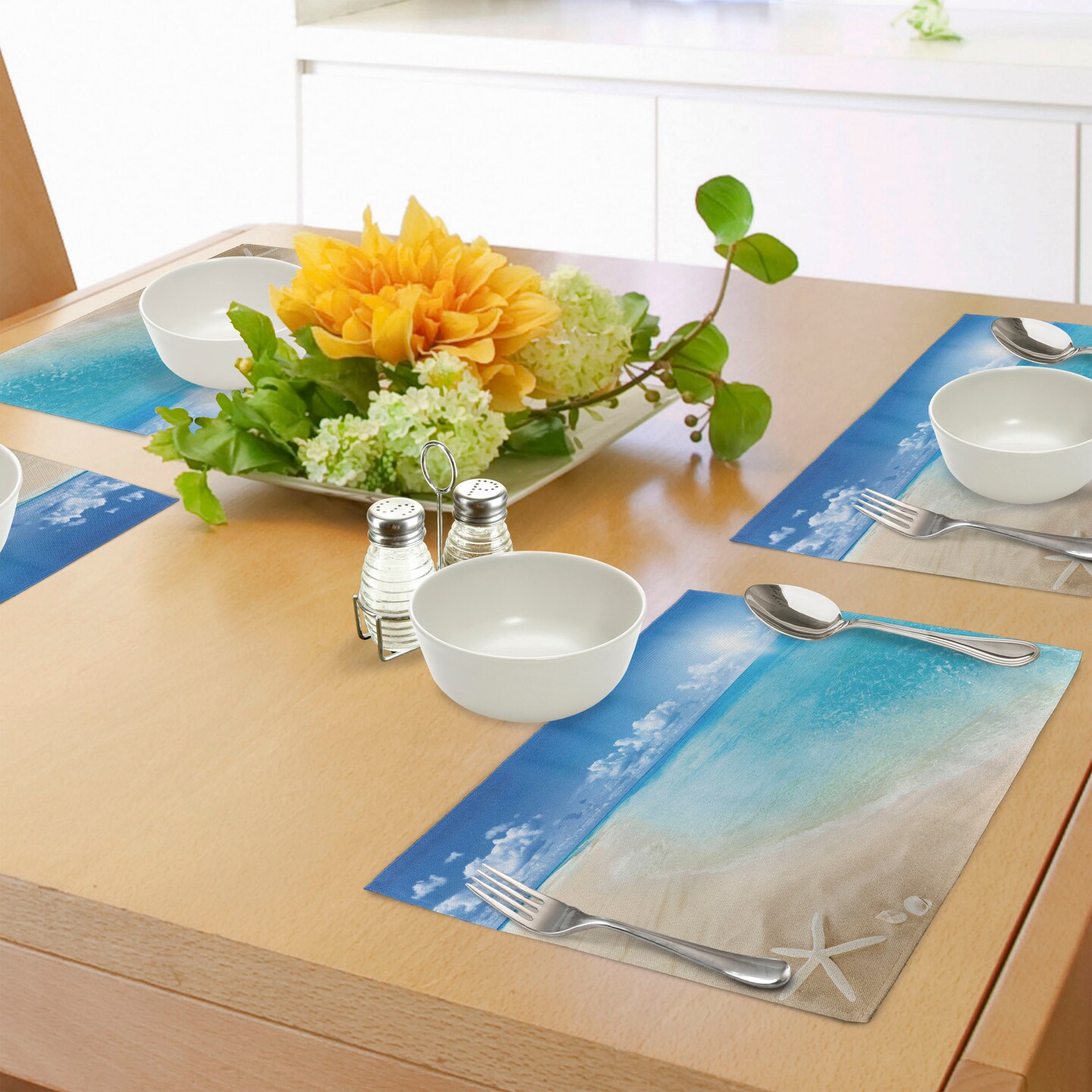 Ambesonne Beach Place Mats Set of 4, Sunny Summer Seashore Clear Sky Seashells Starfish Clouds Aquatic Picture, Washable Fabric Placemats for Dining Table, Standard Size, Aqua Cream Blue