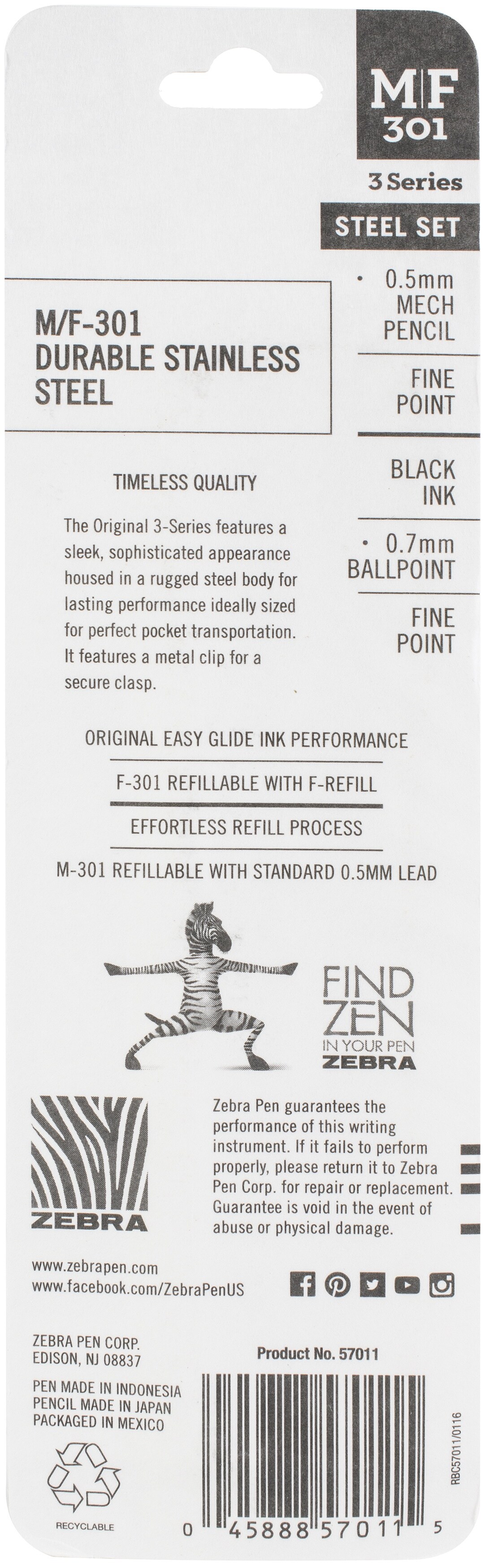 Zebra M/F 301 Stainless Steel Pen & Pencil Set 2/Pkg-Pen 0.7mm & Mechanical Pencil 0.5mm