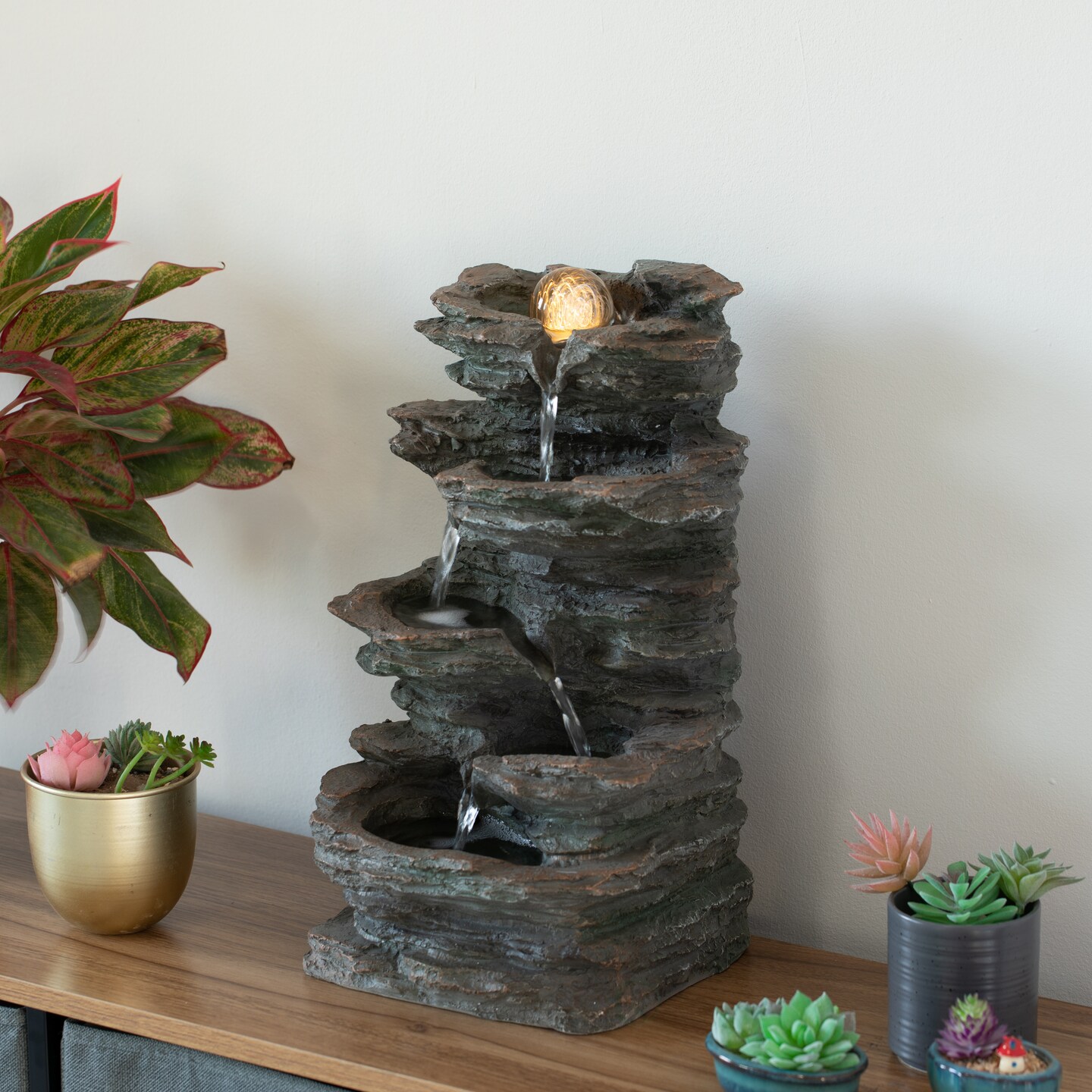 Decorative 4 Tier Rock Look Water Fountain with LED Rolling Glow Ball for Home and Garden