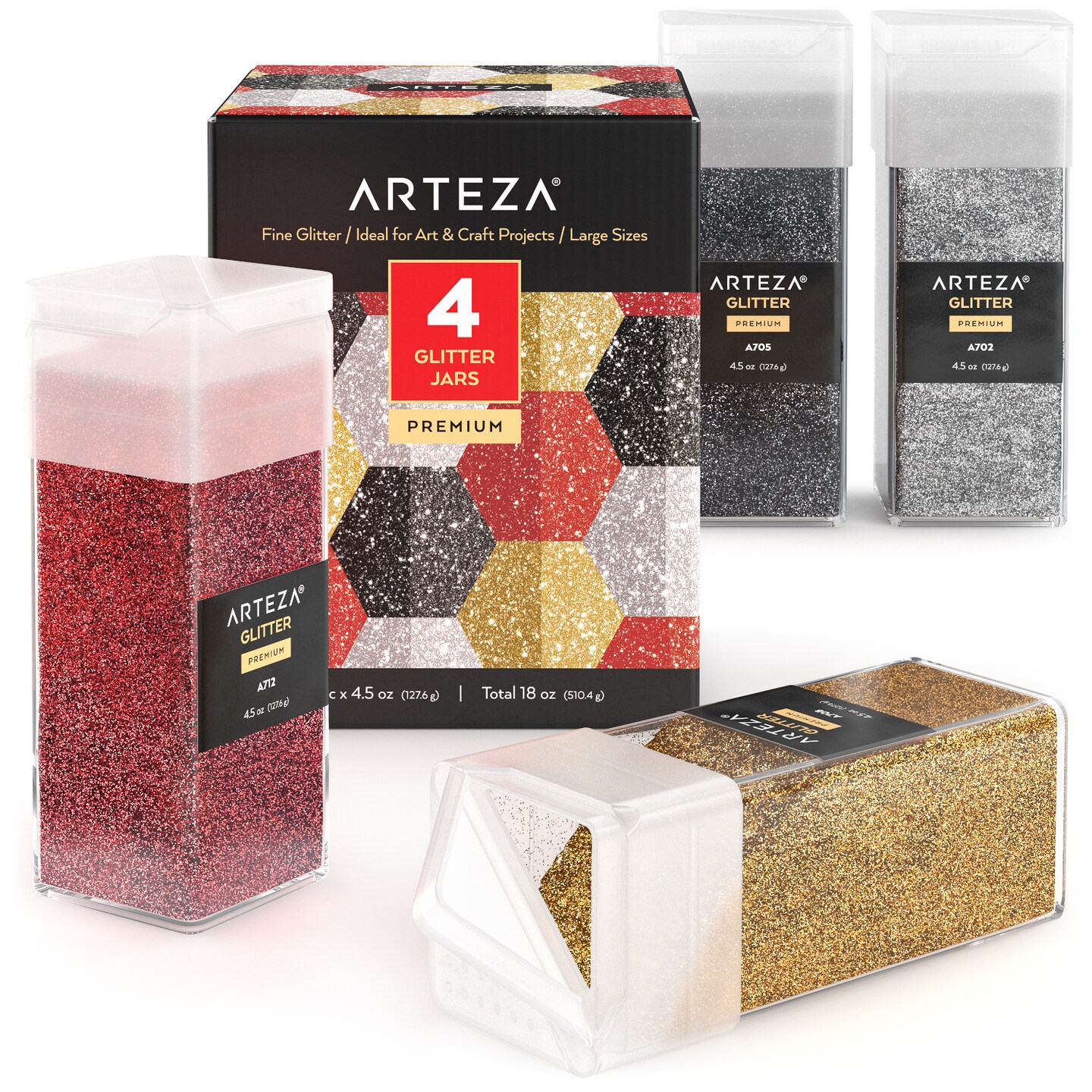 Arteza Fine Glitter, 4.5oz Red/Graphite/Gold/Silver - 4 Pack | Michaels