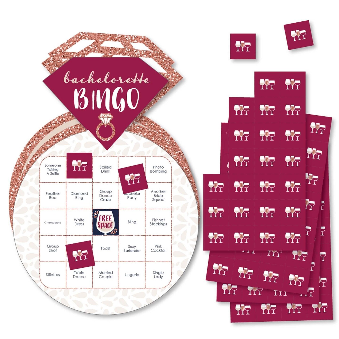 Big Dot of Happiness Vino Before Vows - Bar Bingo Cards and Markers - Winery Bridal Shower or Bachelorette Party Shaped Bingo Game - Set of 18