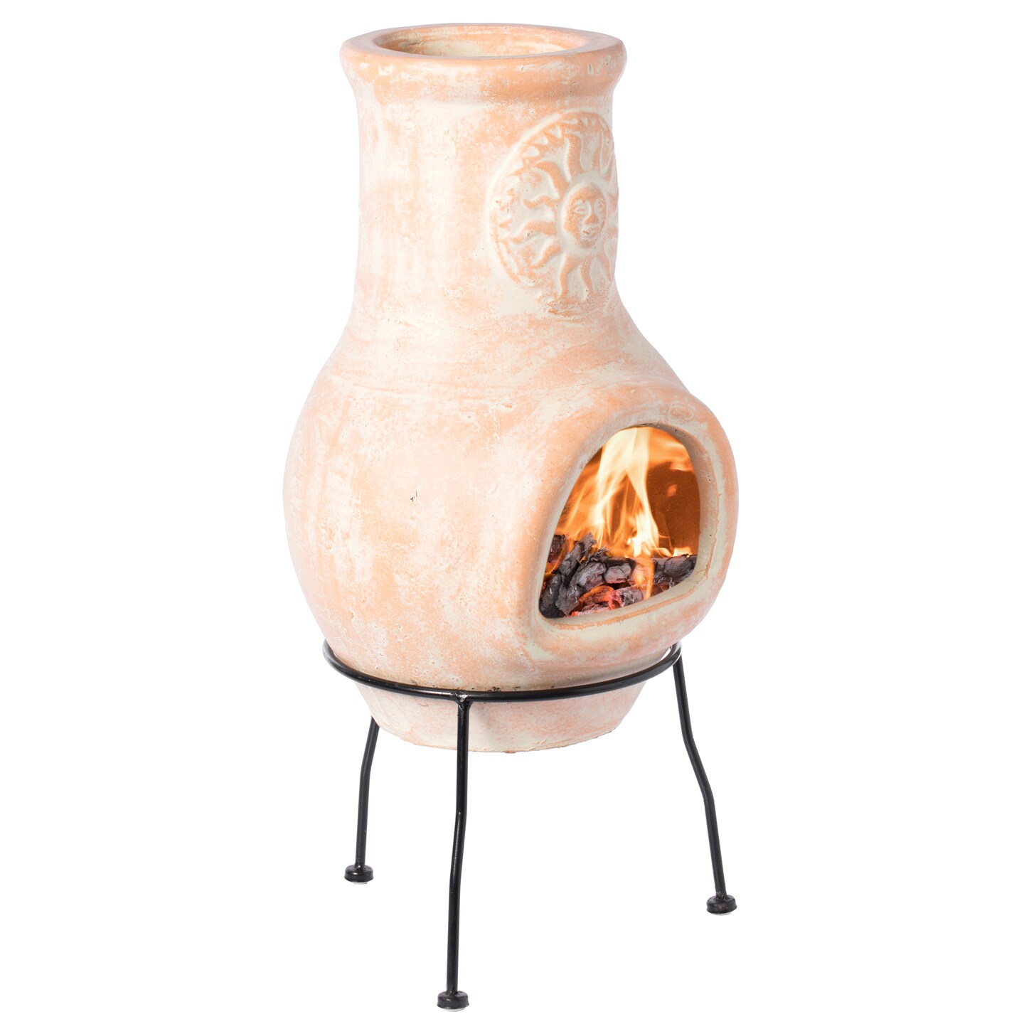 Beige Outdoor Clay Ciminea Outdoor Fireplace Sun Design Charcoal Burning Fire Pit with Sturdy Metal Stand, Barbecue, Cocktail Party, Family Gathering, Cozy Nights Fire Pit
