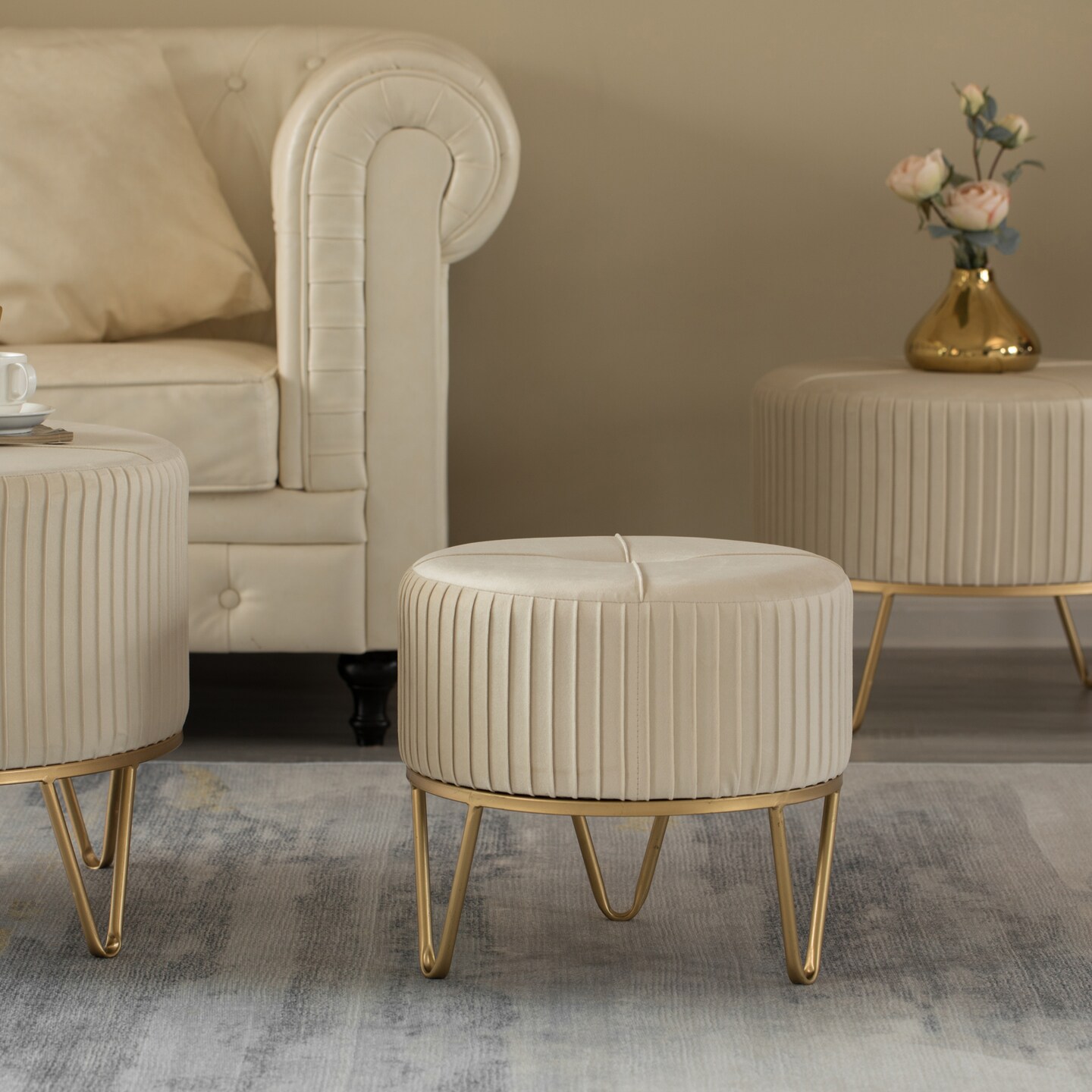 Round Velvet Ottoman Stool Raised with Hairpin Gold Base