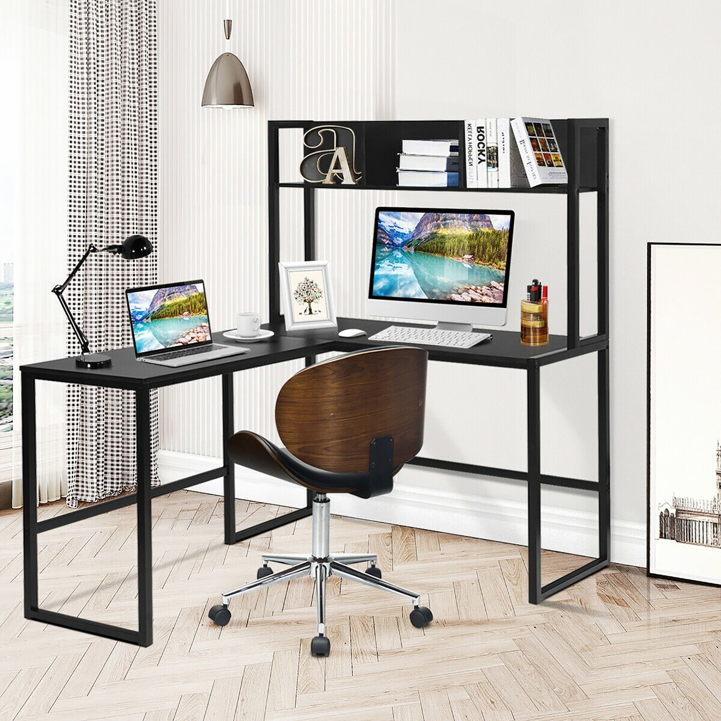 Costway 55&#x27;&#x27; L-Shaped Desk Corner Computer Desk w/Hutch Black