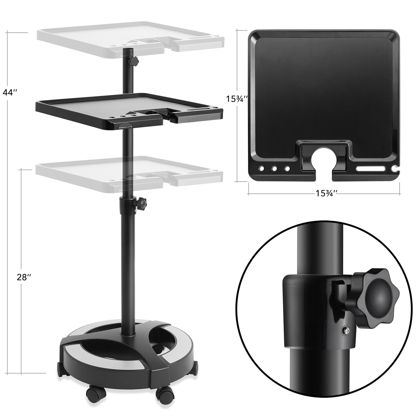 Saloniture Rolling Salon Coloring Tray - Portable Hair Stylist Trolley with Magnetic Bowls, Black