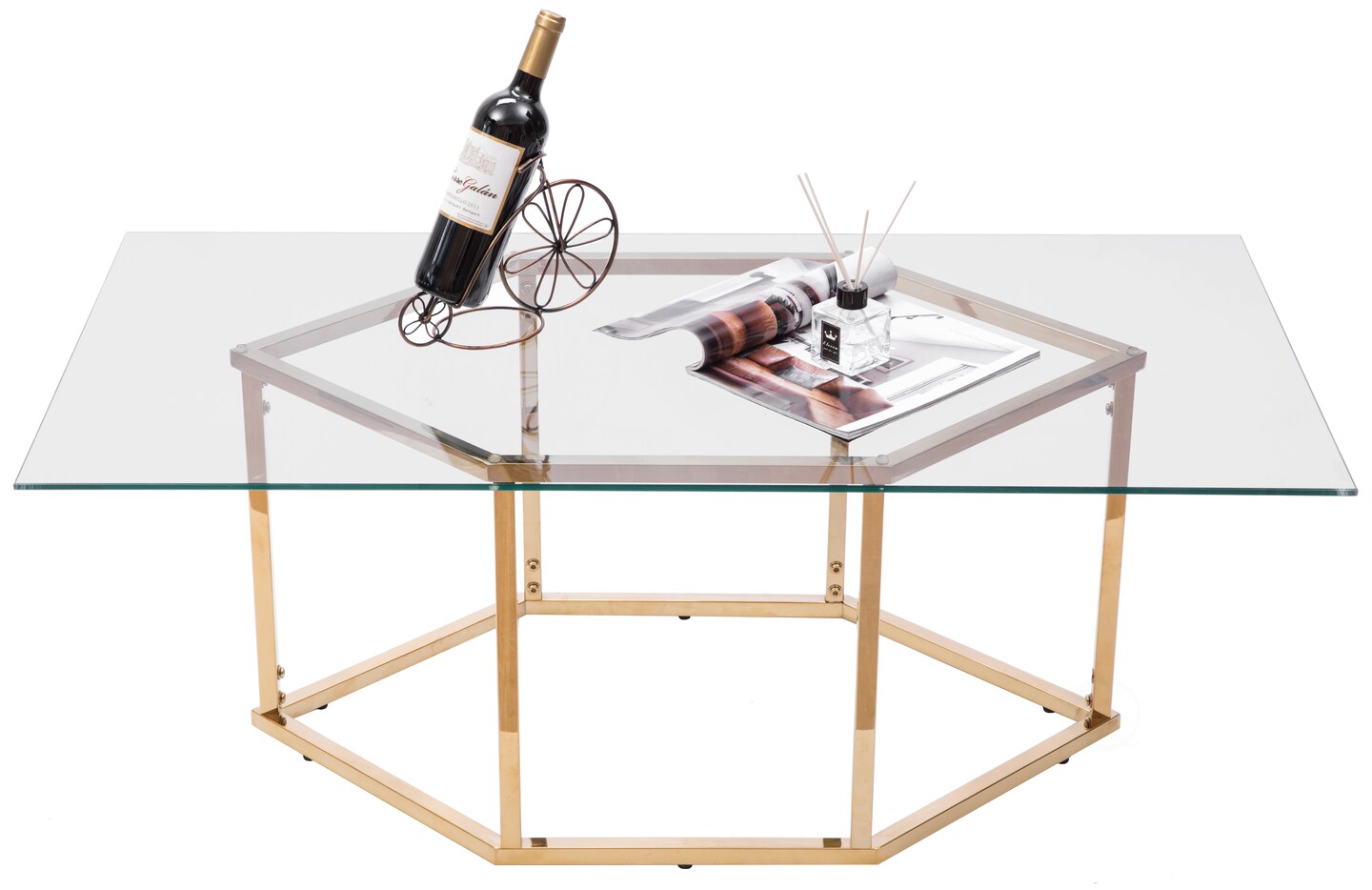 Rectangular Glass Top Hexagon Gold Stainless Steel Metal Base Coffee Table
