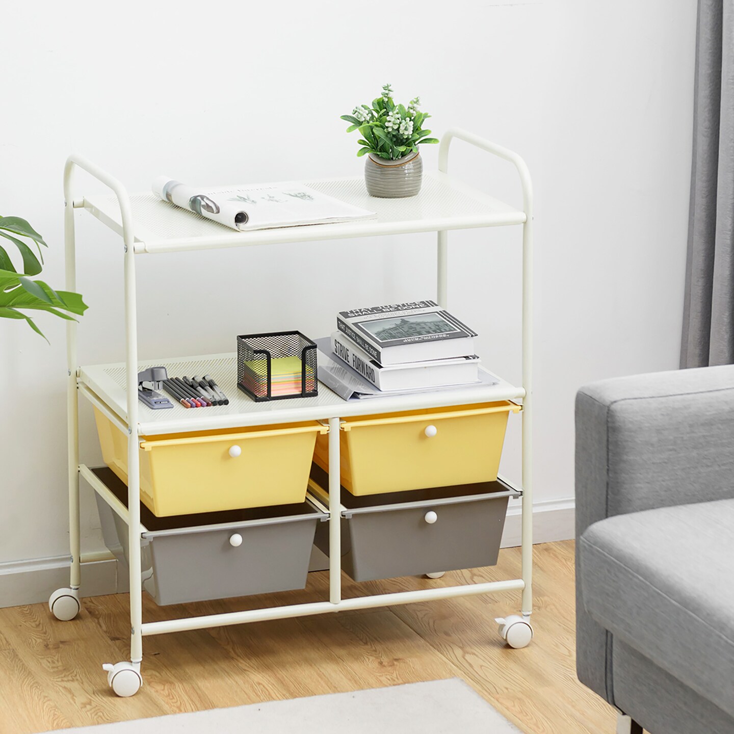 Costway Rolling Storage Cart w/4 Drawers 2 Shelves Metal Rack Shelf Utility Organizer