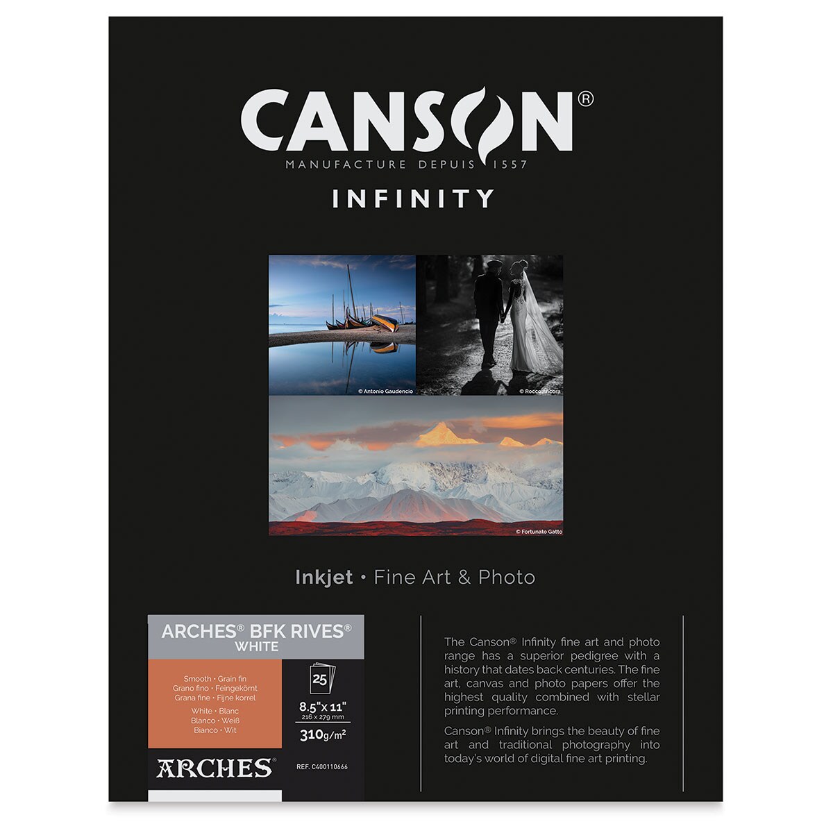 Canson Infinity Arches BFK Rives Inkjet Fine Art and Photo Paper - 8-1/2&#x22; x 11&#x22;, White, 310 gsm, Package of 25