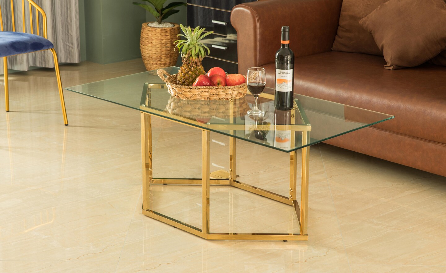 Rectangular Glass Top Hexagon Gold Stainless Steel Metal Base Coffee Table