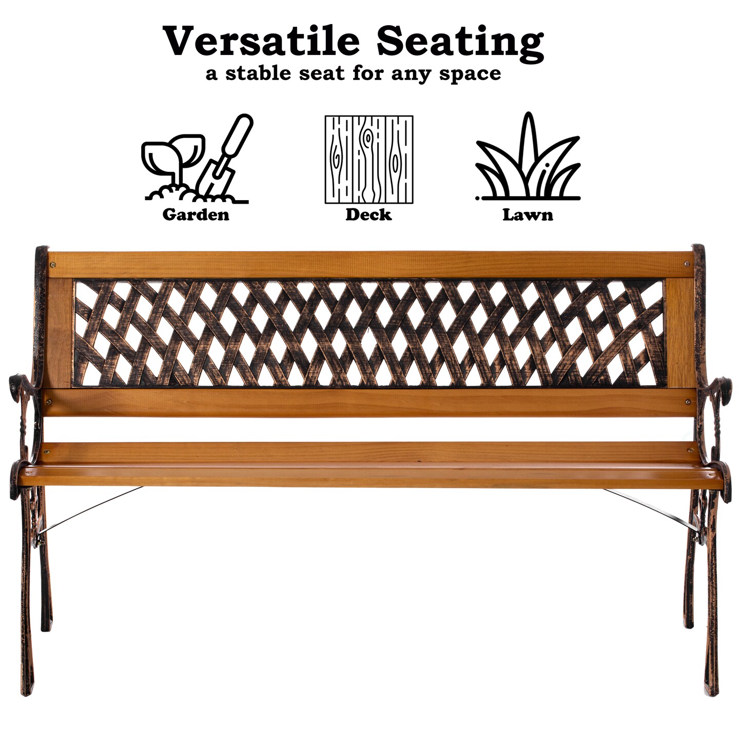 Outdoor Classical Wooden Slated Park Bench, Steel frame Seating Bench for Yard, Patio, Garden, Balcony, and Deck