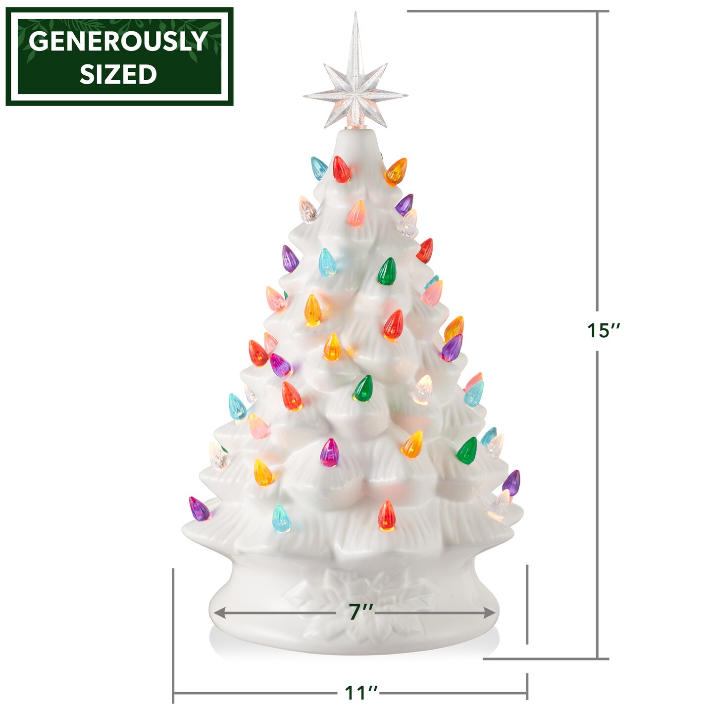 Casafield Hand Painted Ceramic Christmas Tree, White 15-Inch Pre-Lit Tree with 128 Multi Color Lights and 2 Star Toppers