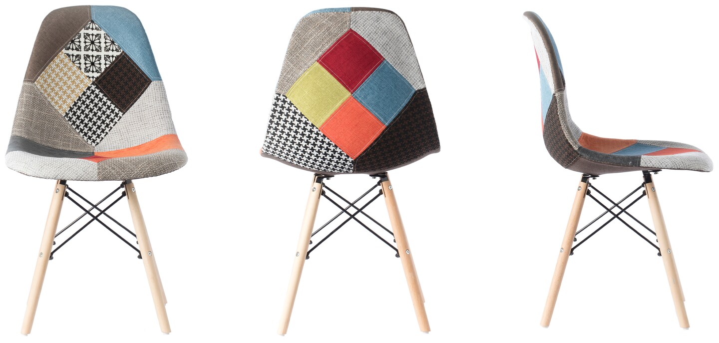 Mid-Century Modern Upholstered Plastic Multicolor Fabric Patchwork DSW Shell Dining Chair with Wooden Dowel Eiffel Legs
