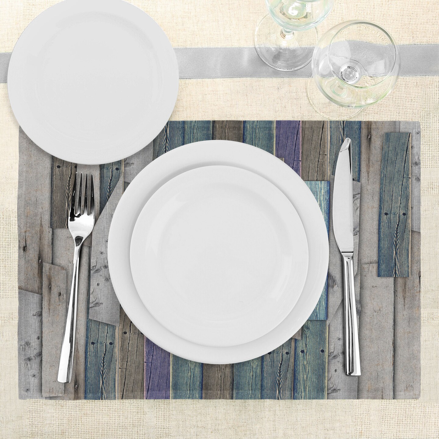 Ambesonne Rustic Place Mats Set of 4, Blue Grey Grunge Wood Planks Barn House Door Nails Country Life Theme Art, Washable Fabric Placemats for Dining Table, Standard Size, Umber Pale Teal Plum