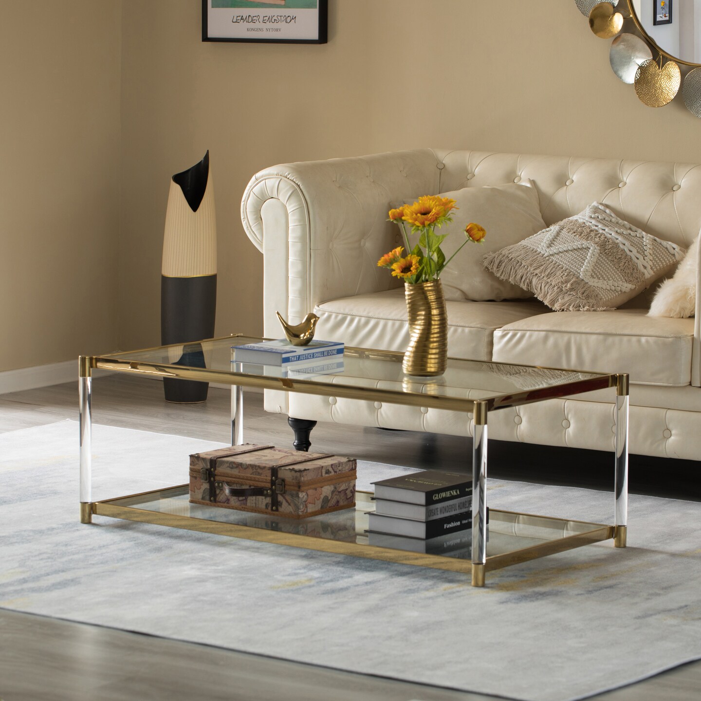 Acrylic Rectangular Modern Gold Metal Coffee Table with Tempered Glass and Shelf for Office, Dining Room, Entryway