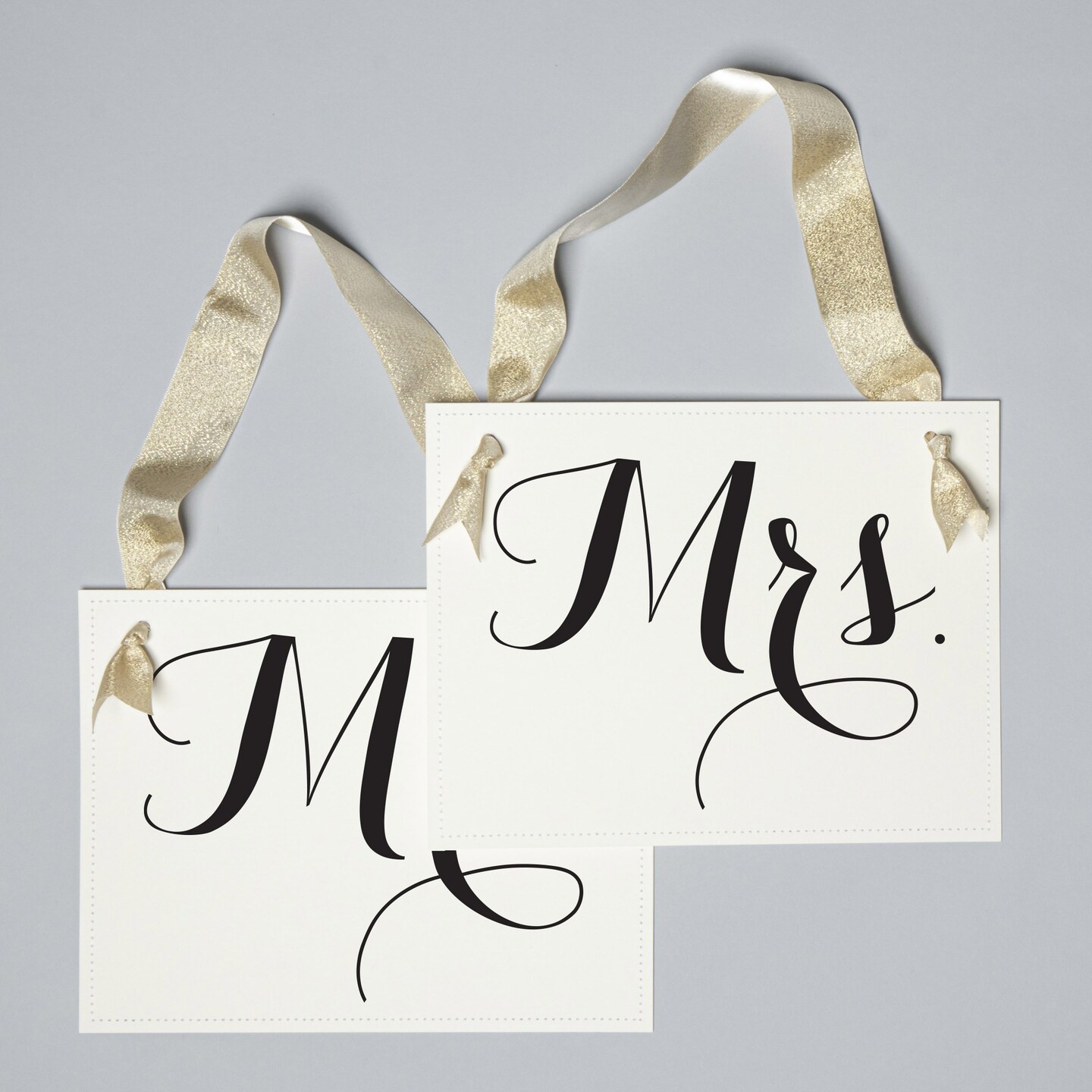 Ritzy Rose Mr. and Mrs. Chair signs - Black on 11x8in White Linen Cardstock with Gold Metallic Ribbon