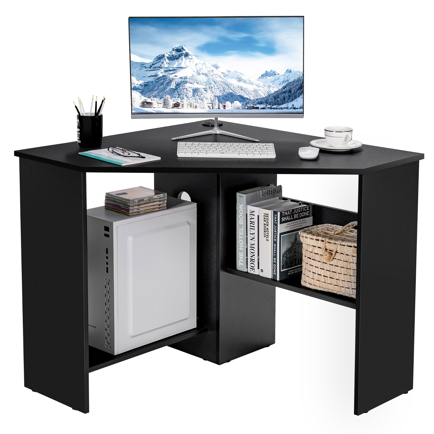 Costway Corner Computer Desk Triangle Writing Workstation w/ Storage Shelf White\Black