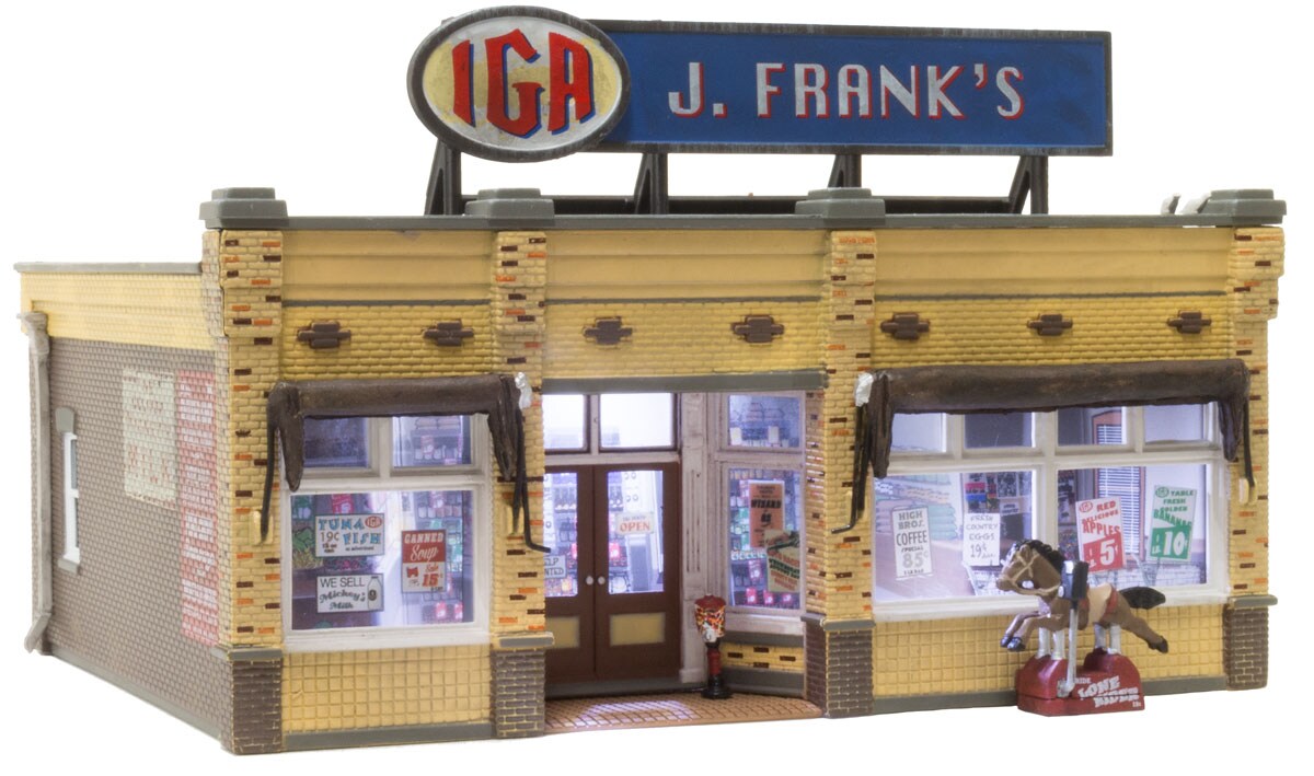 Woodland Scenics   N J. FRANK&#x27;S GROCERY (LIT) Prebuilt Building