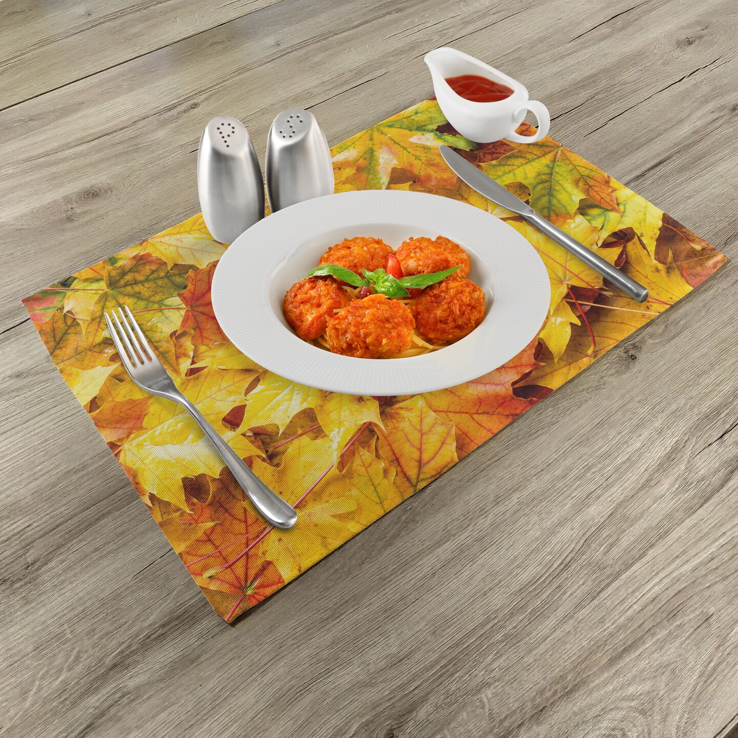 Ambesonne Fall Place Mats Set of 4, Wet Fall Leaves in Rainy Weather Maple Tree Nature in November Change of Seasons Theme, Washable Fabric Placemats for Dining Table, Standard Size, Multicolor