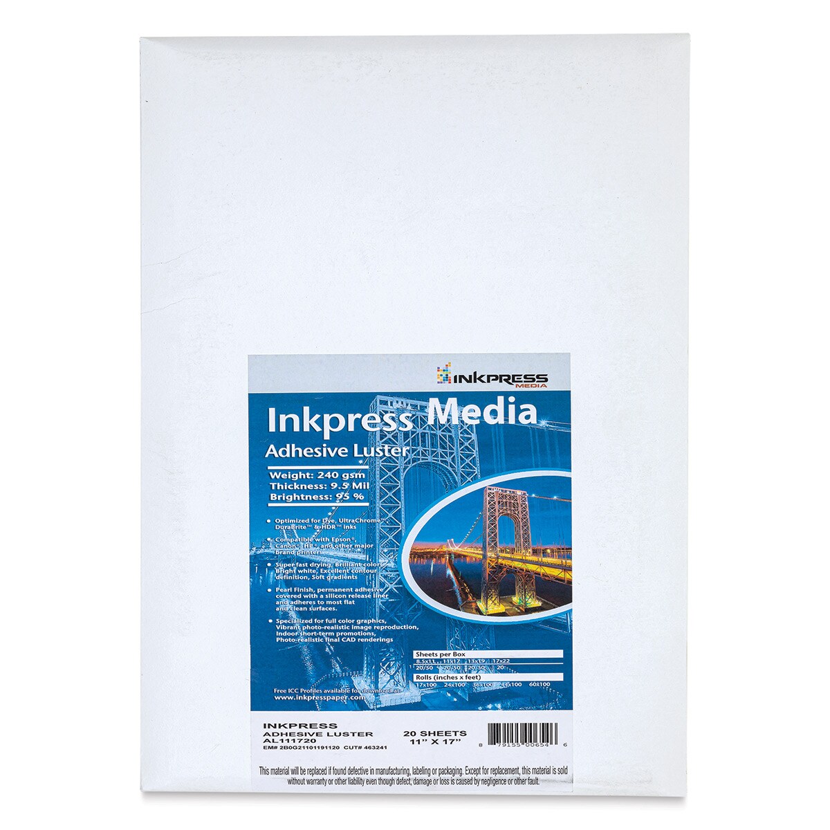 Inkpress - Adhesive Luster Inkjet Paper, 11&#x22; x 17&#x22;, 20 Sheets