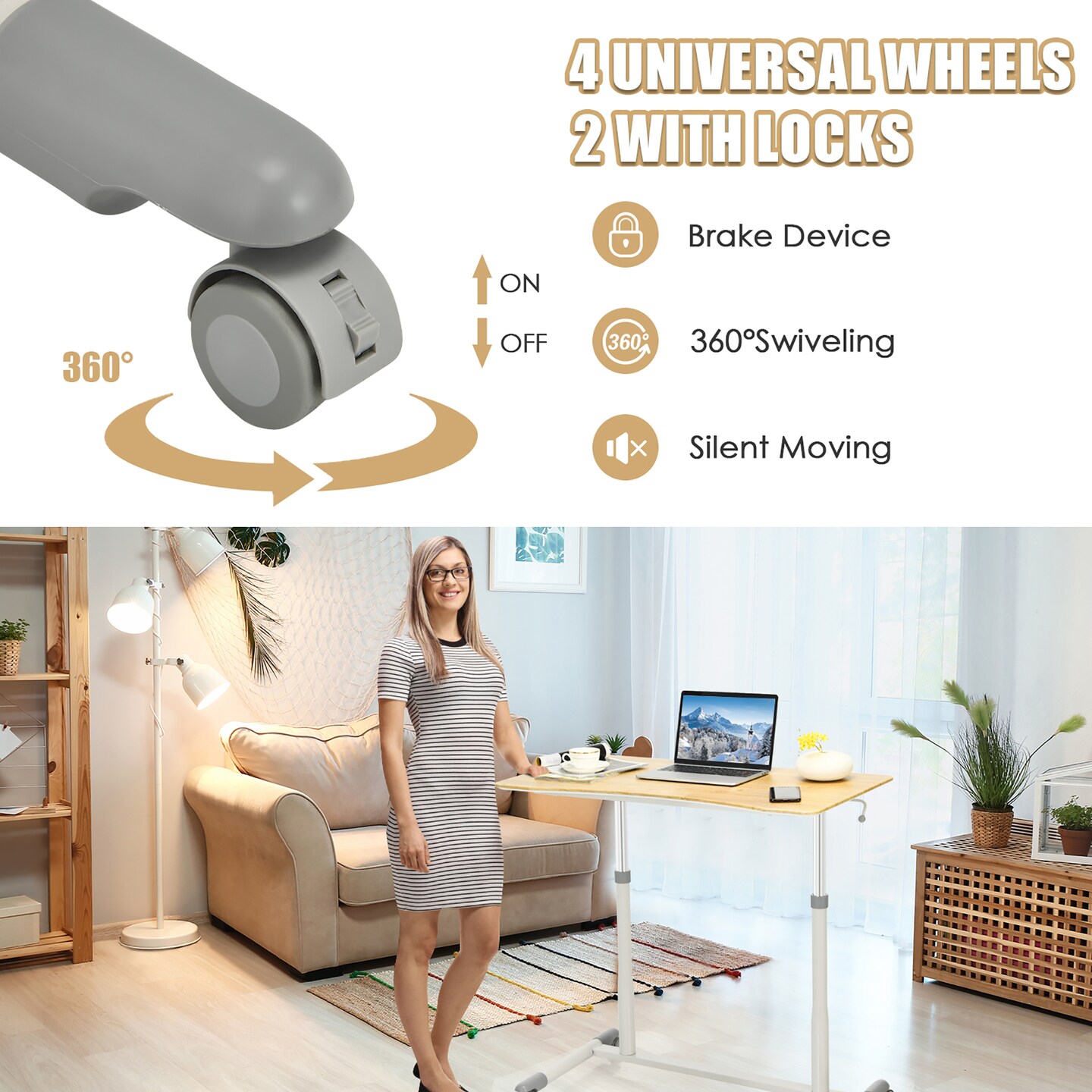 Goplus Height Adjustable Computer Desk Sit Stand Rolling Notebook Table Natural\Brown\Black