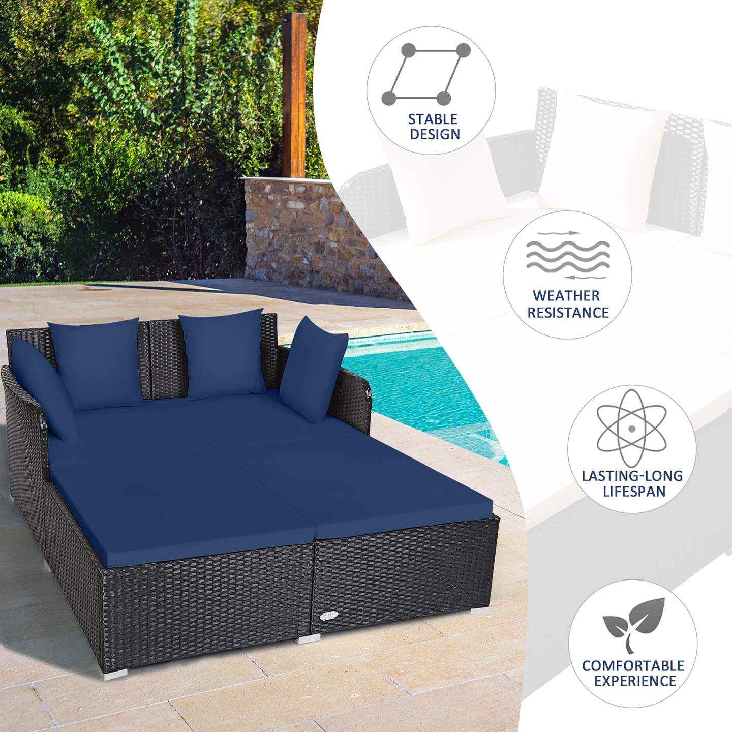 Costway Outdoor Patio Rattan Daybed Pillows Cushioned Sofa Furniture Beige/Turquoise/Red/Black
